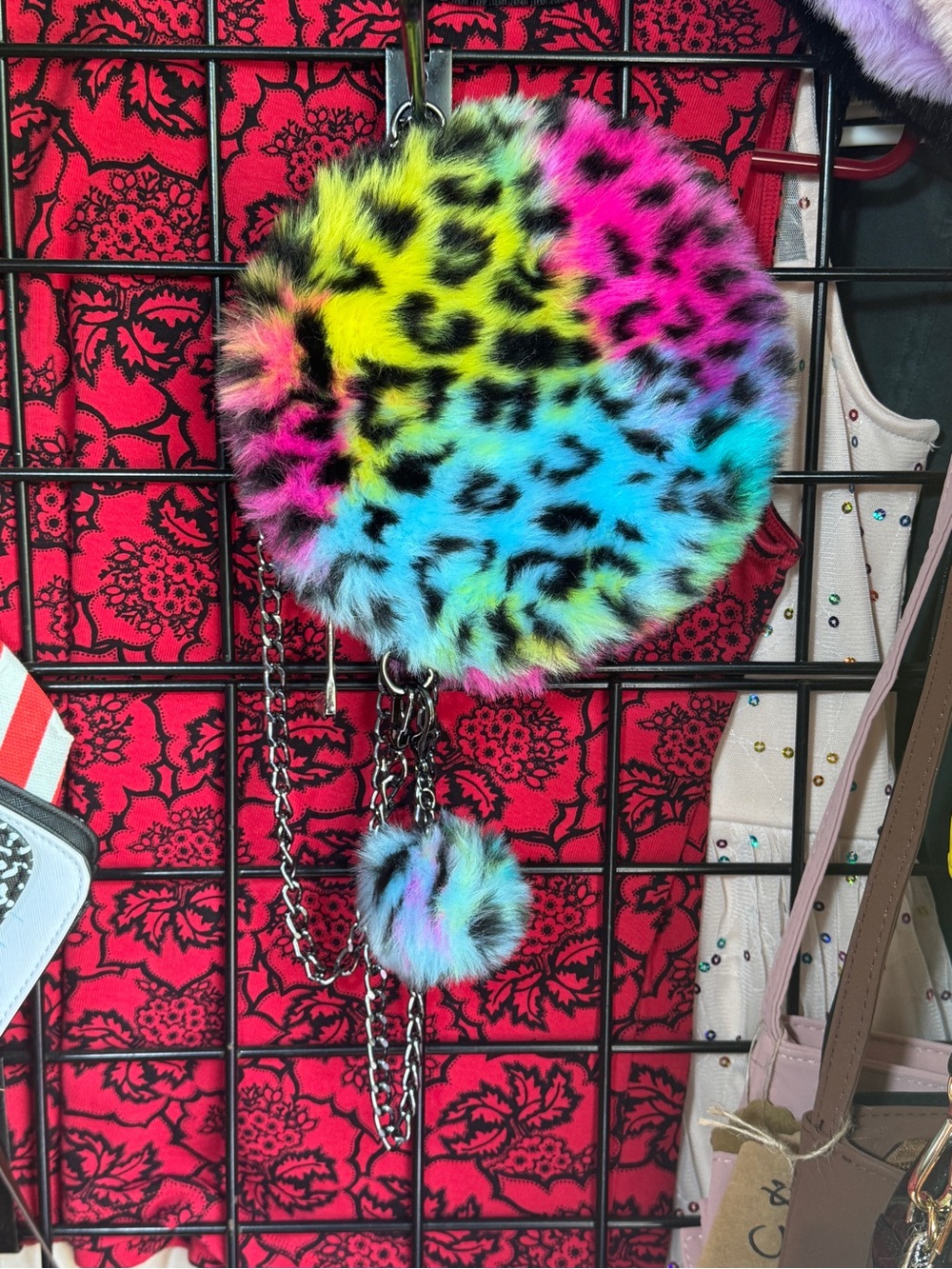 Faux Fur Rainbow Leopard Round Crossbody Bag with Pom - Multicolor